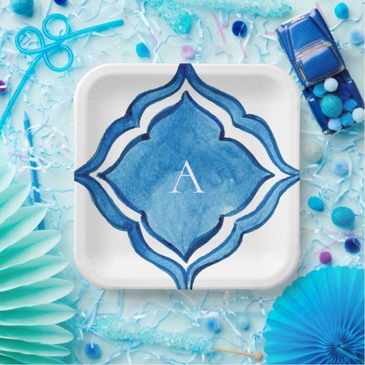 Mediterraan kobaltblauw Tegel Monogram Papieren Bordje (Feest)