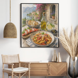 Mediterraan kustpasta-feest gekleurd potlood poster