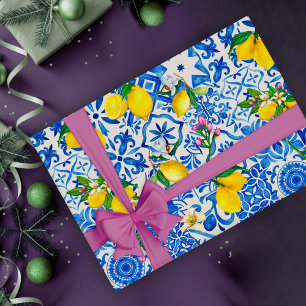 Mediterraan Majolica Blauwe Siciliaanse Citrus Cadeaupapier