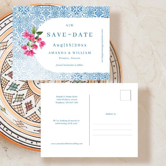 Mediterraan tegelpatroon Save the Date-ansichtkaar Briefkaart