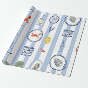 Mediterraan Zeevoedsel Sardine Blauwe Streep Patro Cadeaupapier