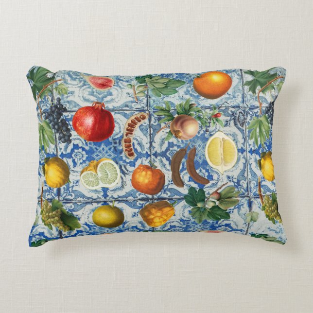 Mediterraan zomerfruit en blauw wit mozaïek accent kussen (Voorkant)