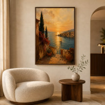 Mediterraans kunstwerk met gouden zonsondergang en