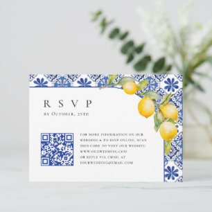 Mediterraanse citroenen Blauwe Tegels Bruiloft QR- RSVP Kaartje
