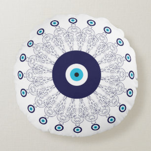Mediterraanse marine Aqua Blue Lucky Eye Mandala Rond Kussen