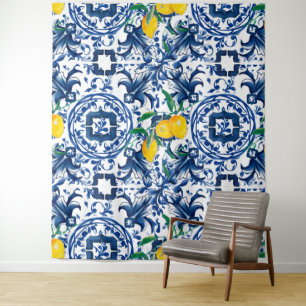Mediterraanse tegels,majolica,blauwe tegels,citroe wandkleed