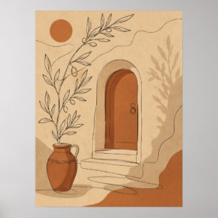 Mediterraanse Terracotta Boogdeur en Olijftak Poster