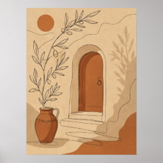 Mediterraanse Terracotta Boogdeur en Olijftak Poster