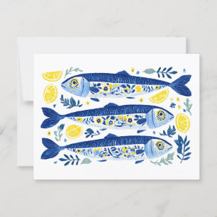 Mediterraanse zomer blauwe en gele sardines briefkaart