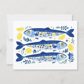 Mediterraanse zomer blauwe en gele sardines briefkaart