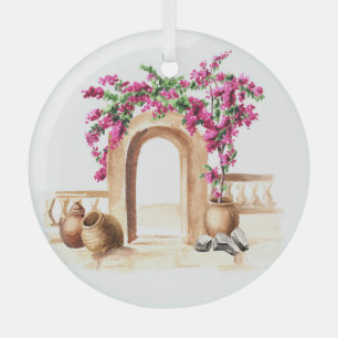 Mediterrane architectuur, bloemen, waterverf, h glas ornament