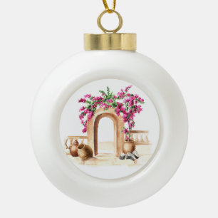 Mediterrane architectuur, bloemen, waterverf, h keramische bal ornament