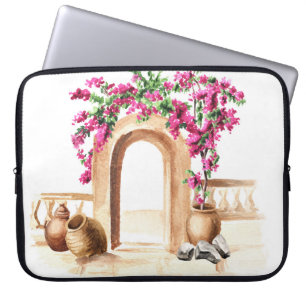 Mediterrane architectuur, bloemen, waterverf, h laptop sleeve