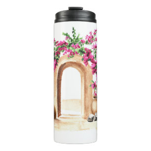 Mediterrane architectuur, bloemen, waterverf, h thermosbeker