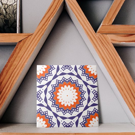 Mediterrane Azulejo Blue White en Oranje Mosaic Tegeltje