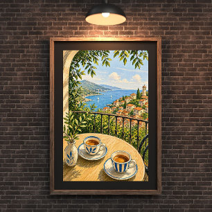 Mediterrane Balkon Koffie Scene Schilderij, Kust Poster