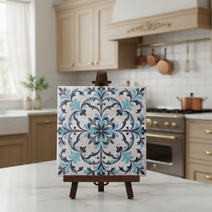 Mediterrane Blauw Turquoise Antieke Damast Bloemmo Tegeltje