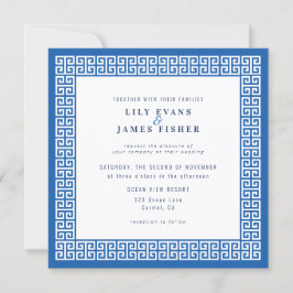 Mediterrane Blauwe Griekse Sleutelbruiloft Uitnodi Kaart