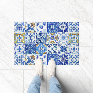 Mediterrane Blauwe, Witte & Gele Waterverf Deurmat