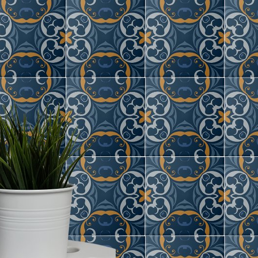 Mediterrane Boho Dark Blue en Oranje Gold Pattern Tegeltje