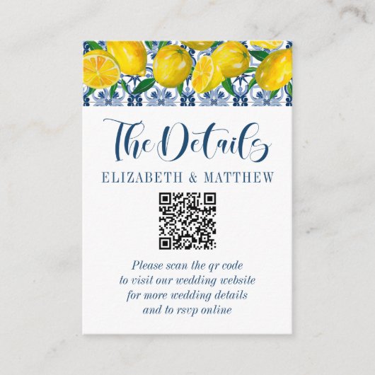 Mediterrane citroen bruiloft QR code bruiloft Informatiekaartje (Voorkant)