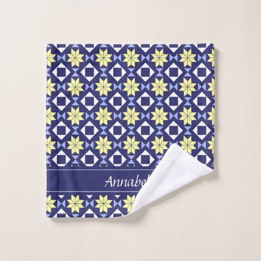 Mediterrane Gele Blauwe Floral Tegel Patroonnaam Bad Handdoek (Wasdoekje)