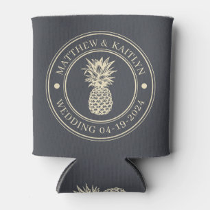 Mediterrane grijze ananas bruidskrans & namen blikjeskoeler