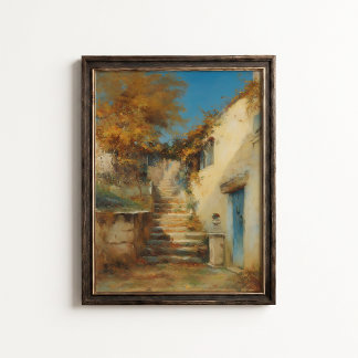 Mediterrane herfst binnenplaats trappenposter poster