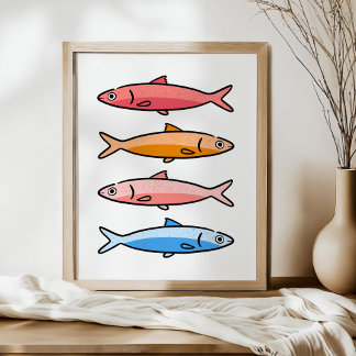Mediterrane illustratie van sardines aan de kust poster