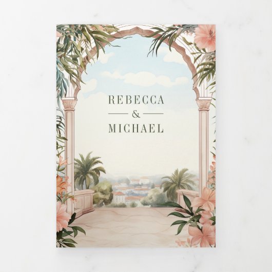 Mediterrane Italiaanse Amalfi kust QR Code Bruilof Drieluik Uitnodiging (Cover)