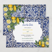 Mediterrane Lemons Portugese Tegels bruiloft Save The Date (Voorkant / Achterkant)