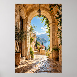 Mediterrane stenen boog en zeezicht muurkunst poster