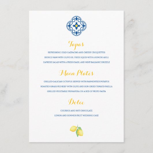 Mediterrane Tegel Waterverf Lemon Wedding Menu (Voorkant)