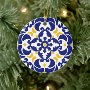 Mediterrane Tegels Blauw & Geel Patroon Keramisch Ornament