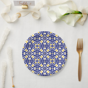 Mediterrane Tegels Blauw & Geel Patroon Papieren Bordje
