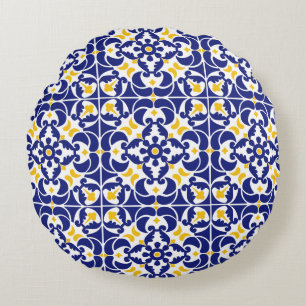 Mediterrane Tegels Blauw & Geel Patroon Rond Kussen