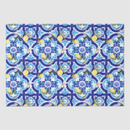 Mediterrane tegels, blauwe tegels, citroen, tissuepapier