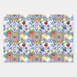 mediterrane tegels, citroen, bloemen, majolica, zo inpakpapier vel