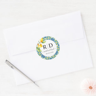 Mediterrane tegels en citroenen bruiloft ronde sticker