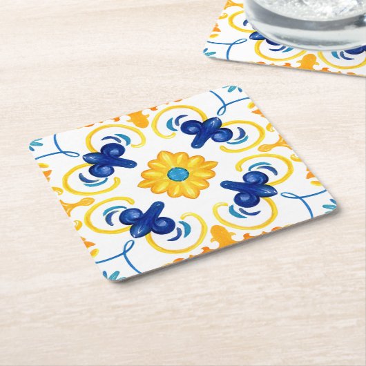 Mediterrane tegels, majolica, Siciliaanse stijl Vierkante Kartonnen Onderzetter (Schuin)