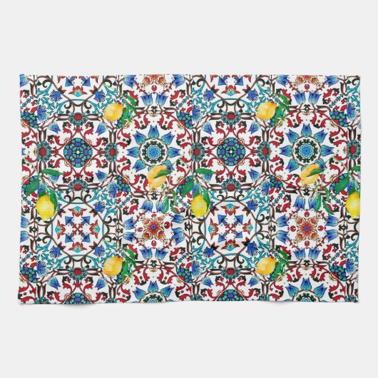 Mediterrane tegels, mozaïek, citroen, zomerkunst theedoek (Horizontaal)