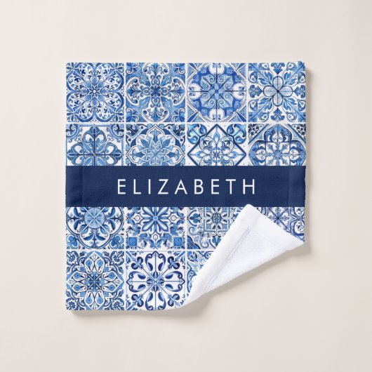 Mediterrane Tegels, Portugees, Azulejo, Jouw naam Bad Handdoek (Wasdoekje)