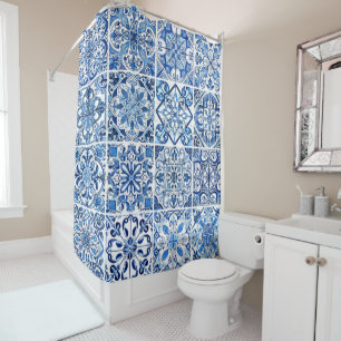 Mediterrane Tegels, Portugees, Azulejo, Majolica Douchegordijn