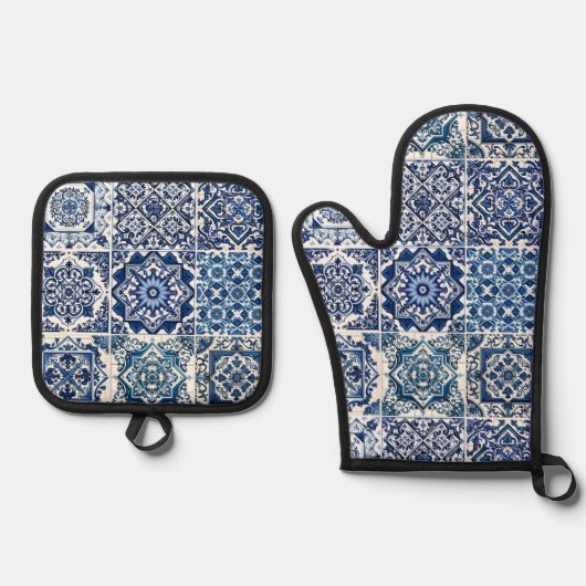 Mediterrane Tegels, Portugees, Azulejo, Majolica Ovenwant & Pannenlap Set (Voorkant)