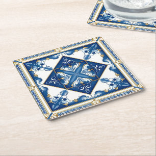 Mediterrane Tegels, Portugees, Azulejo, Majolica Vierkante Kartonnen Onderzetter