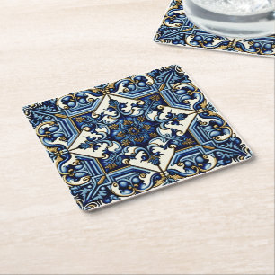 Mediterrane Tegels, Portugees, Azulejo, Majolica Vierkante Kartonnen Onderzetter