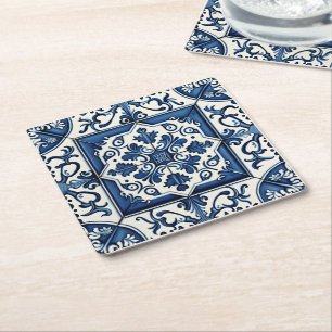 Mediterrane Tegels, Portugees, Azulejo, Majolica Vierkante Kartonnen Onderzetter