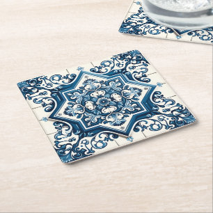 Mediterrane Tegels, Portugees, Azulejo, Majolica Vierkante Kartonnen Onderzetter