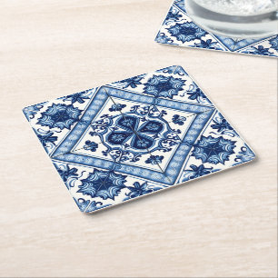 Mediterrane Tegels, Portugees, Azulejo, Majolica Vierkante Kartonnen Onderzetter