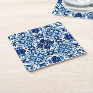 Mediterrane Tegels, Portugees, Azulejo, Majolica Vierkante Kartonnen Onderzetter